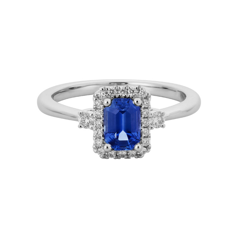 Emerald Cut Sapphire Ring with Diamond Halo & Side Stones in White Gold