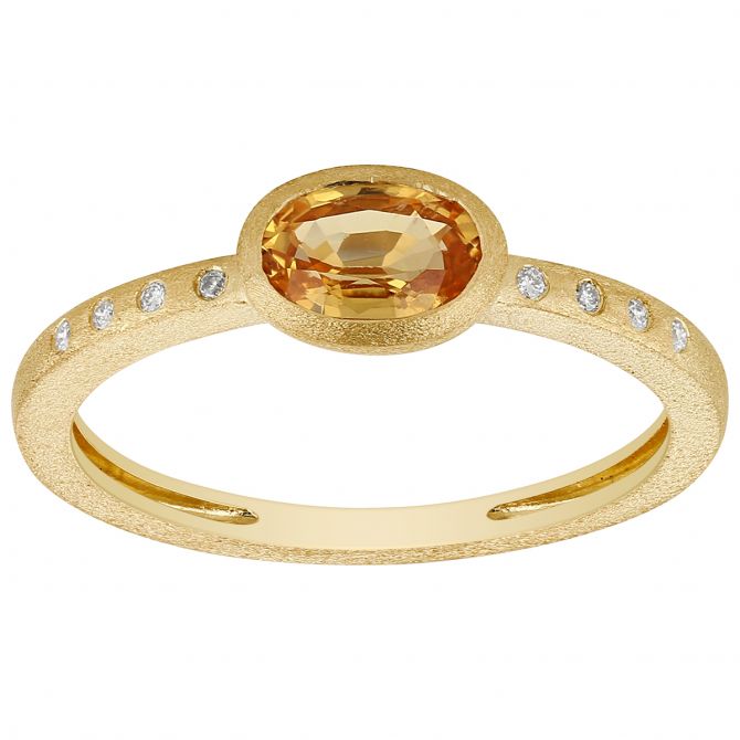 Oval Yellow Sapphire Bezel Set Ring with Diamonds in Matte Yellow Gold
