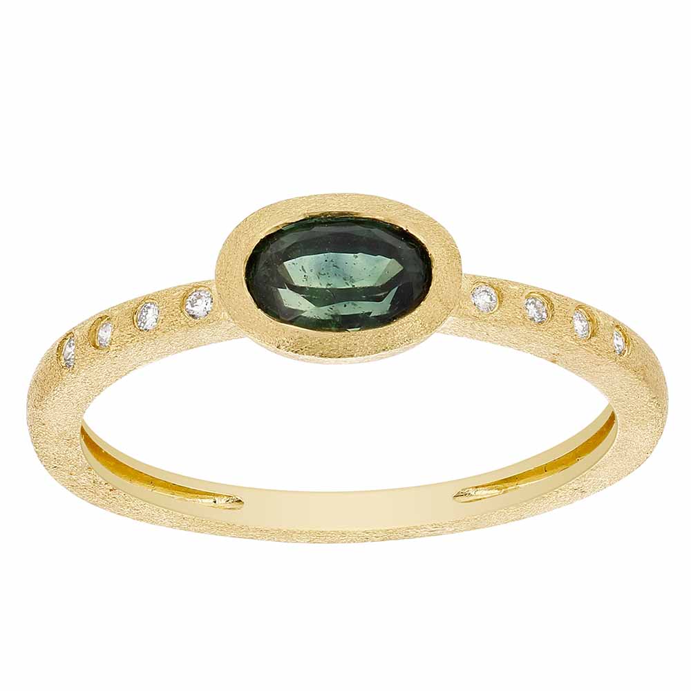 Oval Green Sapphire Bezel Set Ring with Diamonds in Matte Yellow Gold