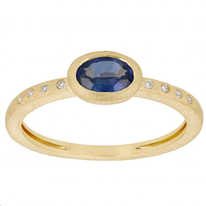 Oval Sapphire Bezel Set Ring in Matte Yellow Gold with Diamond Accents