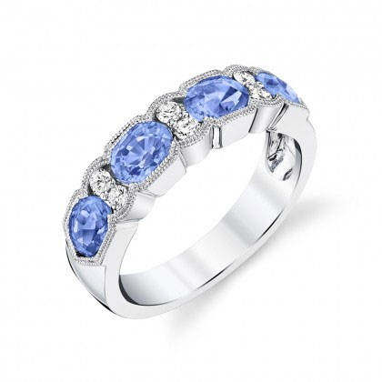 Oval Sapphire & Diamond Milgrain Pattern Ring in White Gold