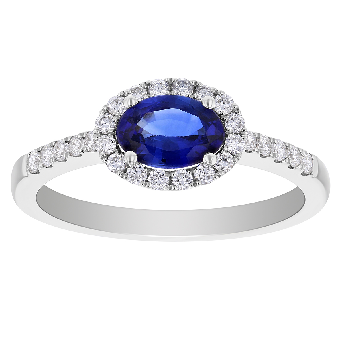 14K White Gold Horizontal Oval Sapphire Ring with Diamond Halo & Shank