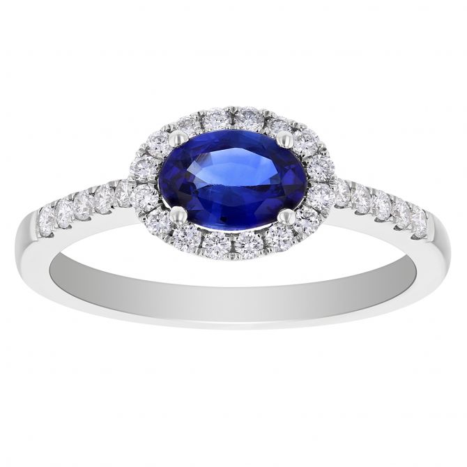 14K White Gold Horizontal Oval Sapphire Ring with Diamond Halo & Shank