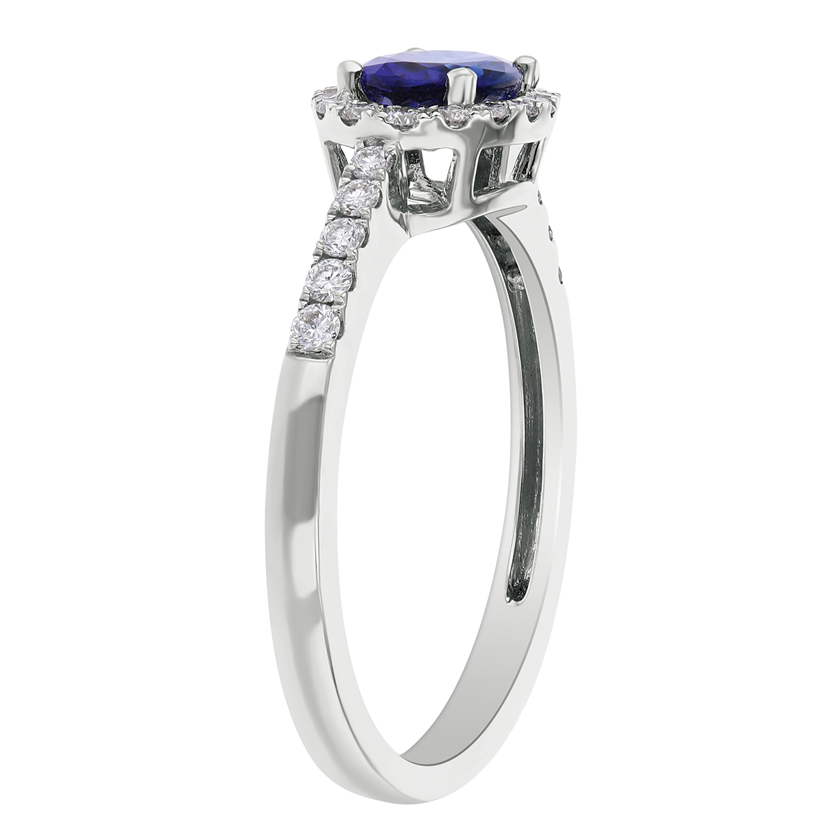 14K White Gold Horizontal Oval Sapphire Ring with Diamond Halo & Shank