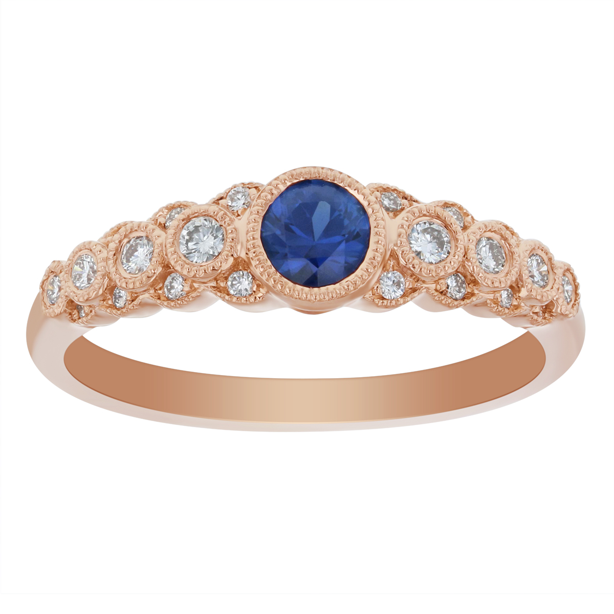 Sapphire & Diamond Stacked 3 Row Milgrain Bezel Ring in Rose Gold