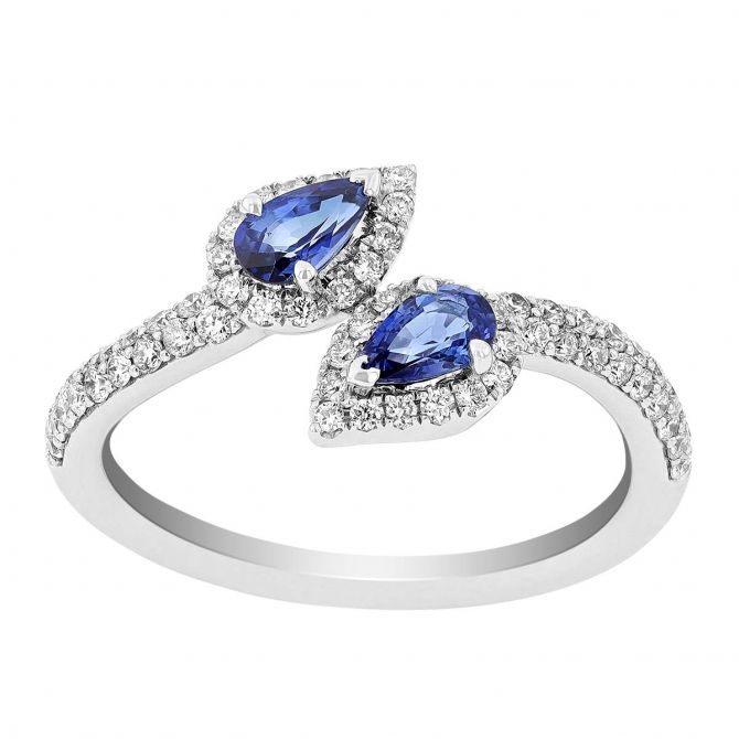 Pear Shaped Sapphire Diamond Halo Bypass Open Ring in White Gold