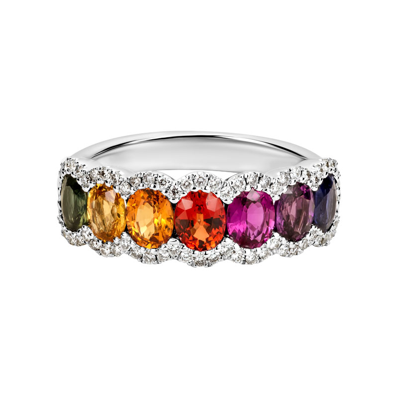 Oval Multicolored Sapphire & Diamond Ring in White Gold