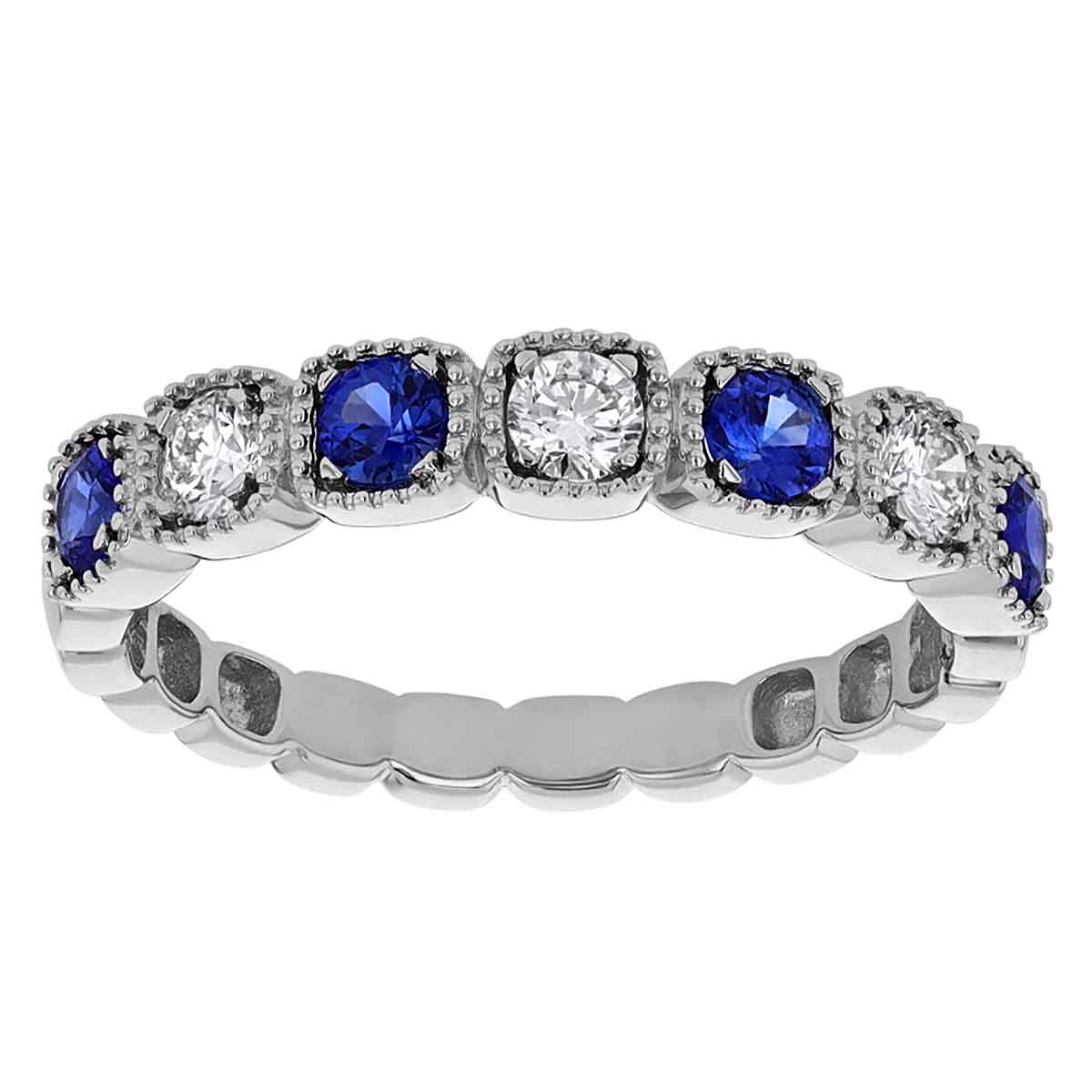 Sapphire & Diamond Alternating Milgrain Pattern Ring in White Gold