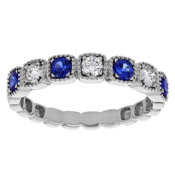 Sapphire & Diamond Alternating Milgrain Pattern Ring in White Gold