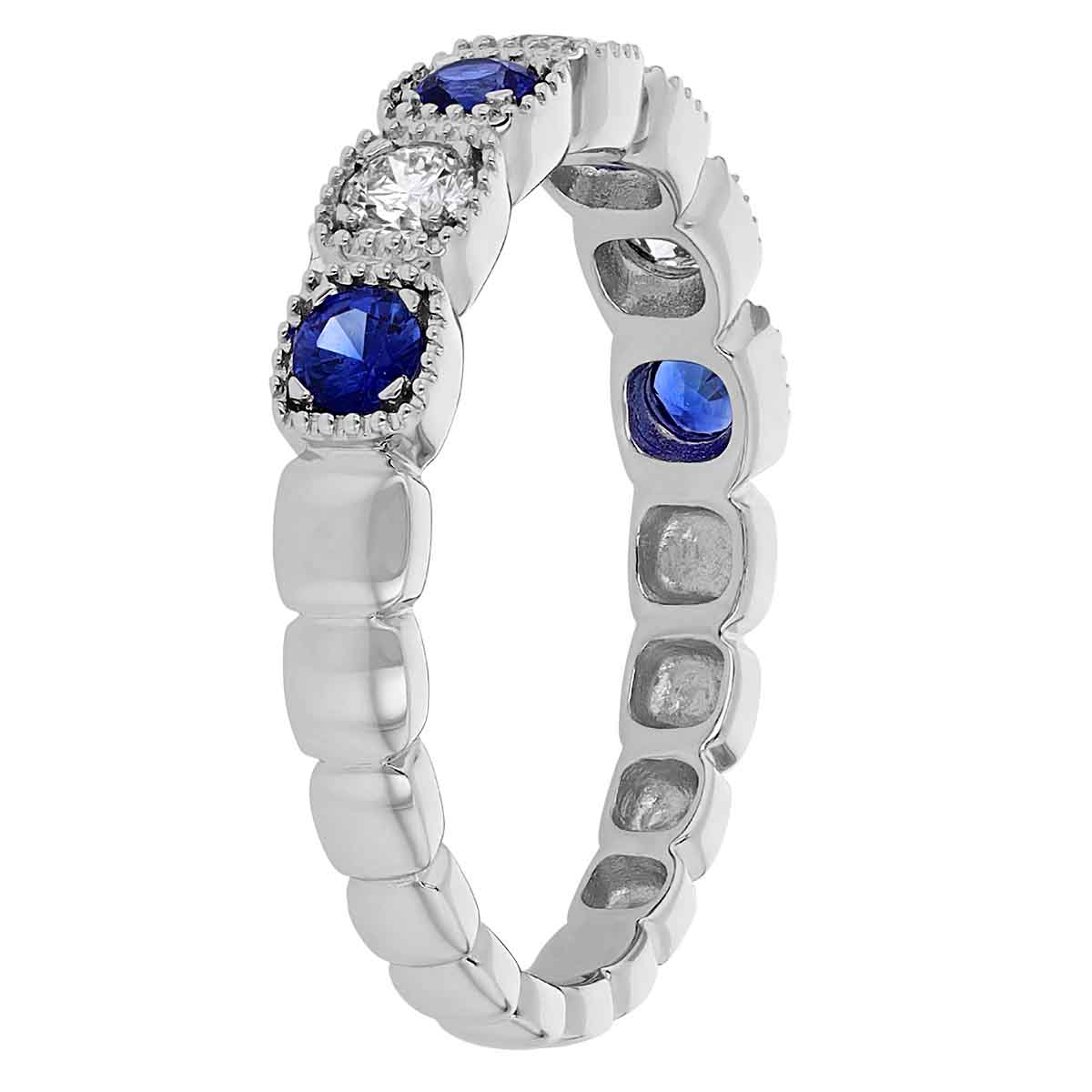 Sapphire & Diamond Alternating Milgrain Pattern Ring in White Gold