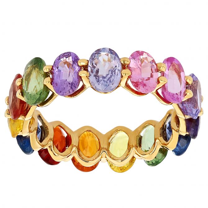 Oval Multicolored Sapphire Rainbow Eternity Ring in Yellow Gold, Size 7