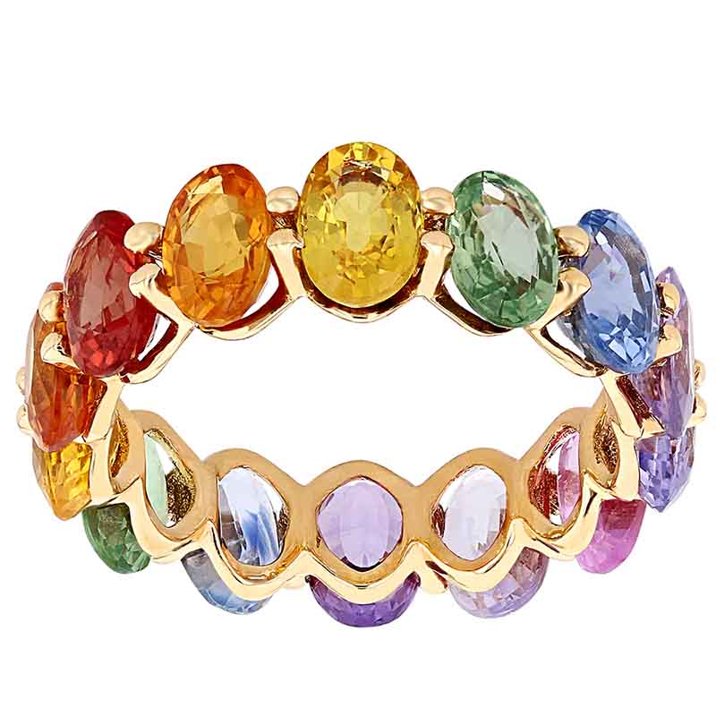 Oval Multicolored Sapphire Rainbow Eternity Ring in Yellow Gold, Size 6