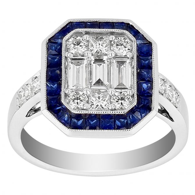 Calibre Cut Sapphire & Multi Shape Diamond Illusion Milgrain Ring in White Gold