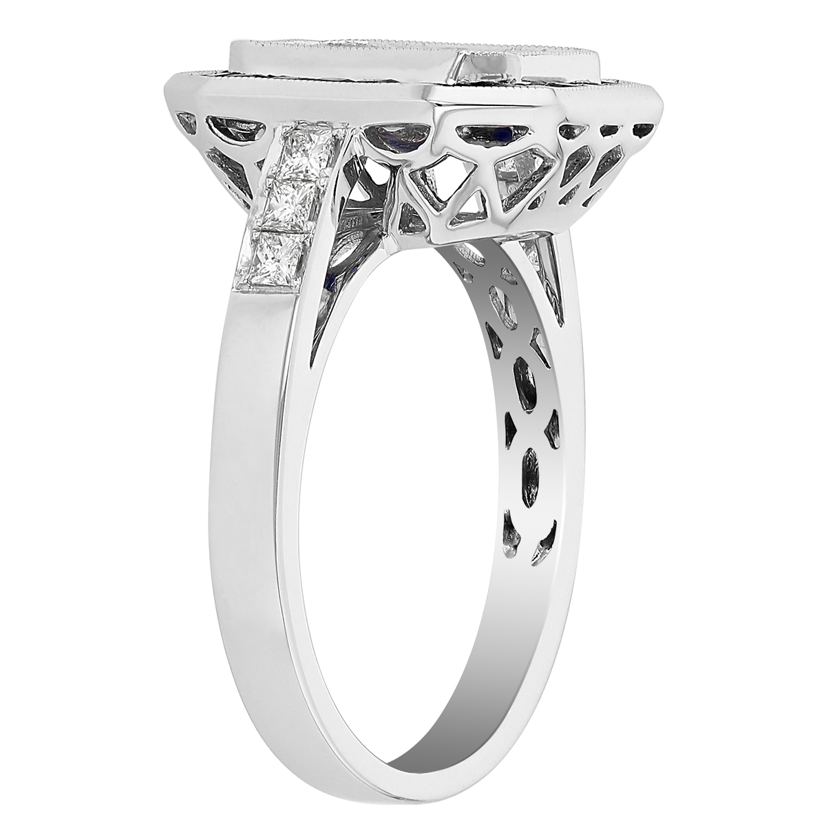 Calibre Cut Sapphire & Multi Shape Diamond Illusion Milgrain Ring in White Gold