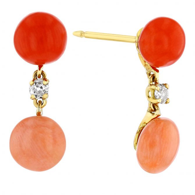 Estate Coral & Diamond Drop Earrings in Yellow Gold
