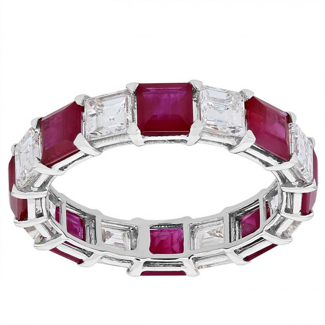 Ruby & Diamond Square Step Cut Alternating Eternity Ring in White Gold