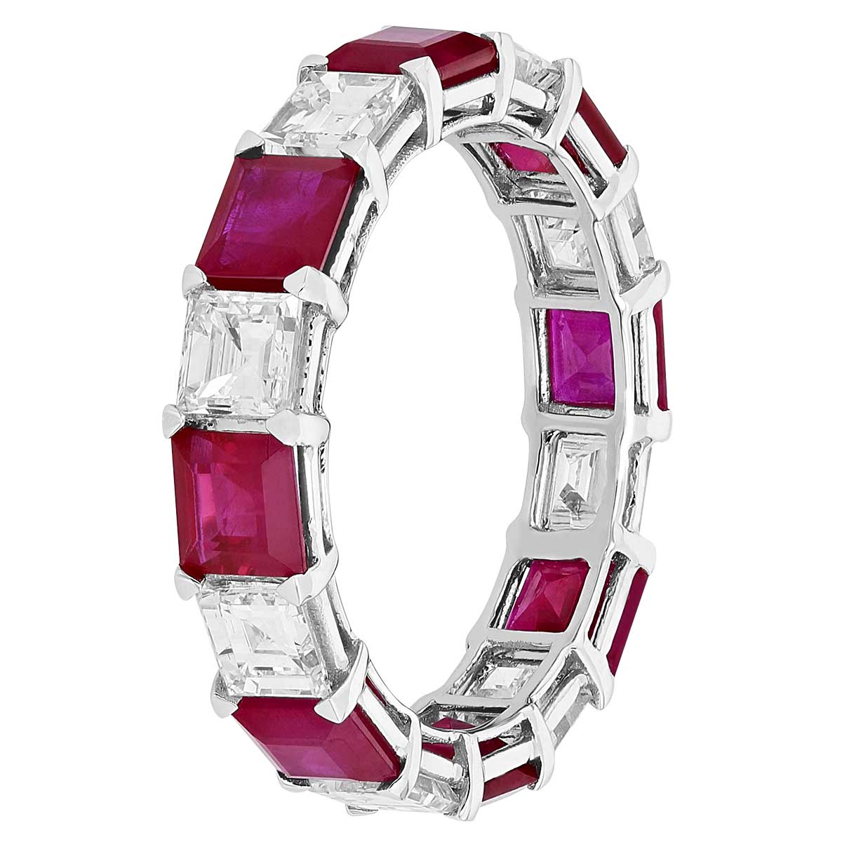 Ruby & Diamond Square Step Cut Alternating Eternity Ring in White Gold