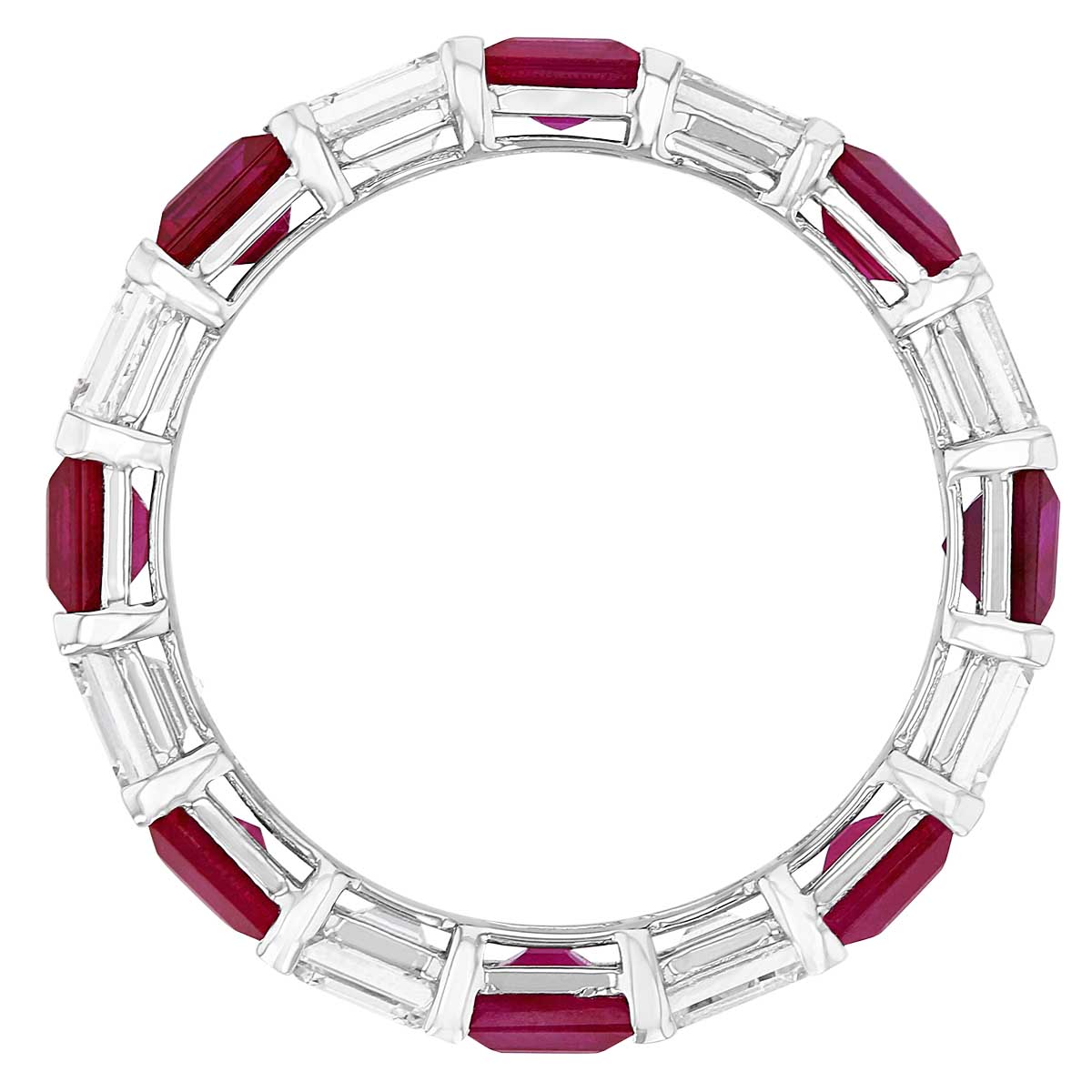Ruby & Diamond Square Step Cut Alternating Eternity Ring in White Gold