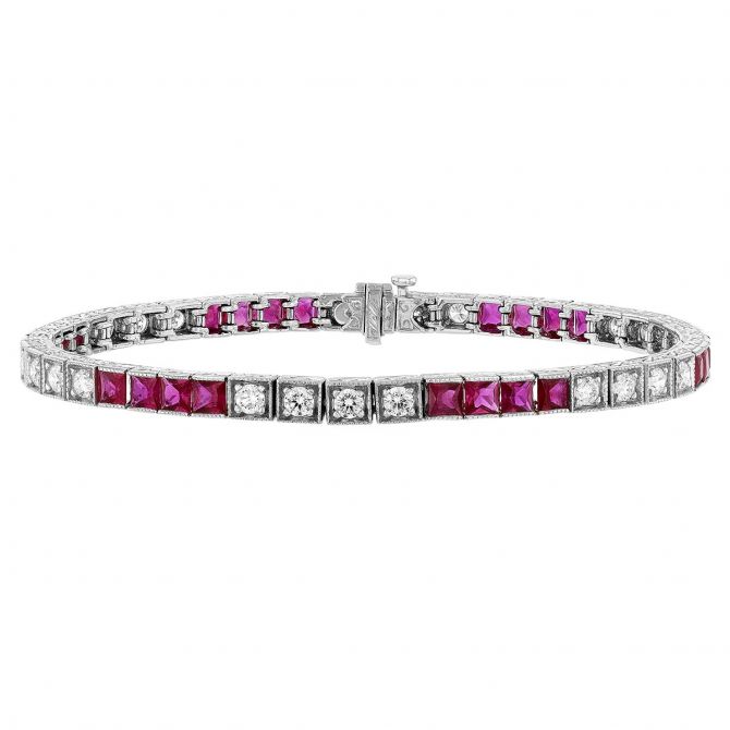 Princess Cut Ruby & Round Diamond Square Set Tennis Bracelet in White Gold, 7"