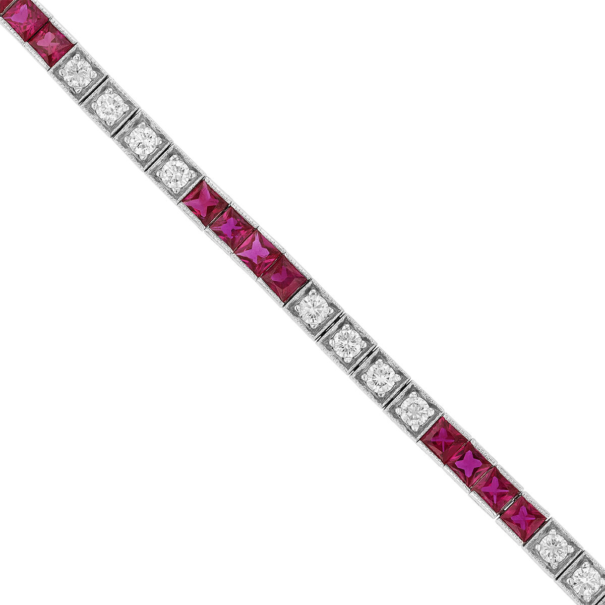 Princess Cut Ruby & Round Diamond Square Set Tennis Bracelet in White Gold, 7
