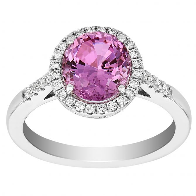Round Pink Spinel Ring with Diamond Halo & Sides in White Gold