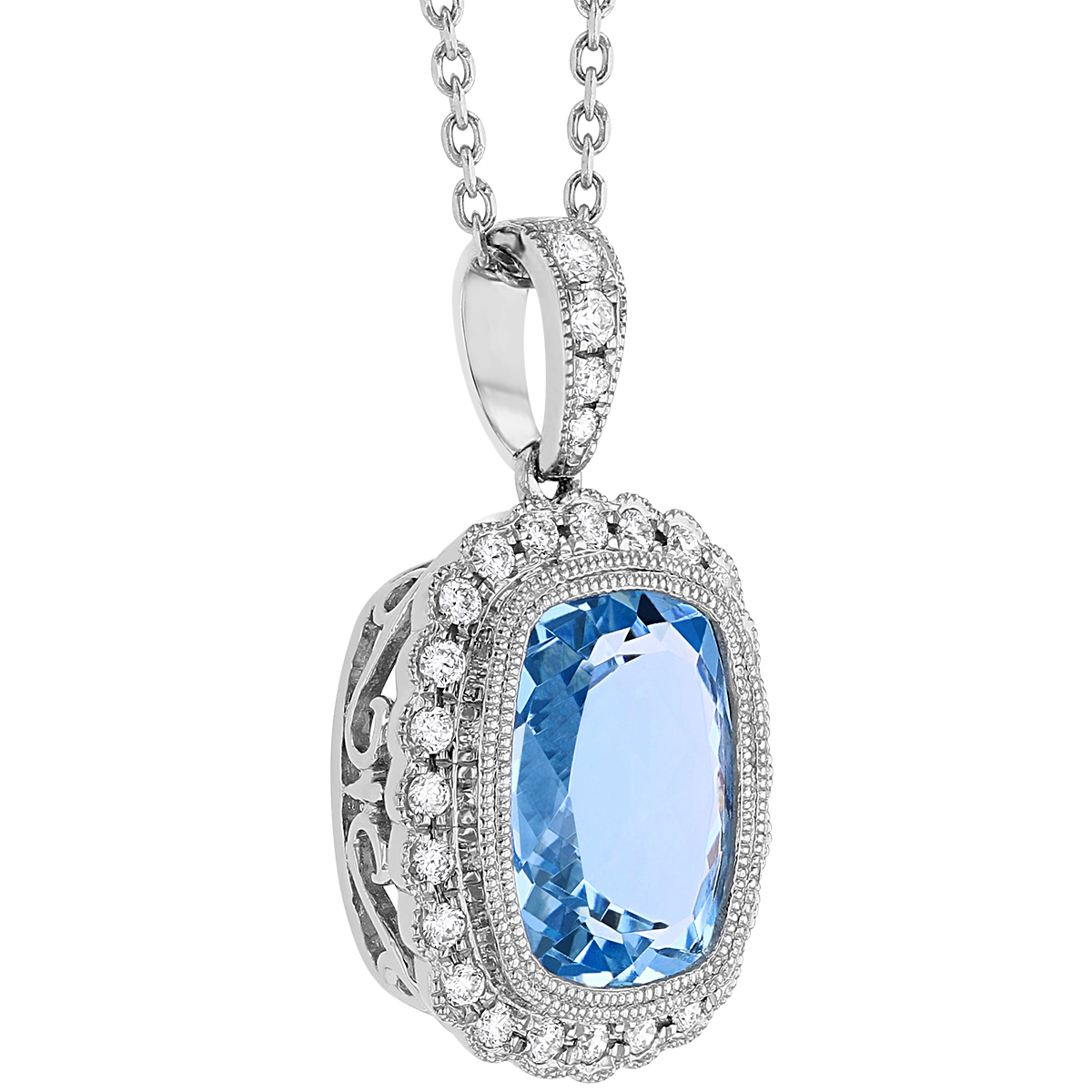 Cushion Aquamarine Pendant with Diamond Scalloped Halo & Milgrain in White Gold, 18