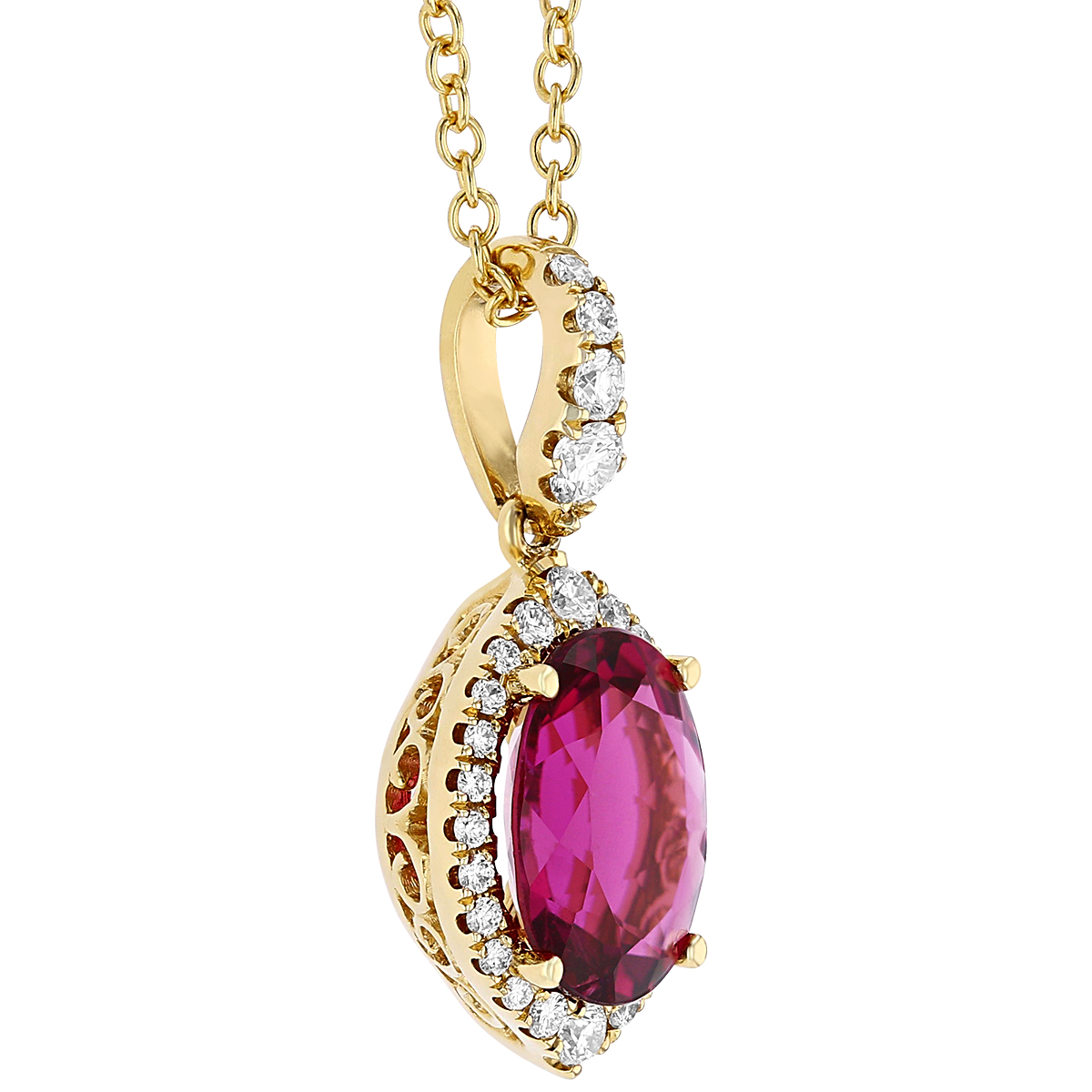 Oval Rubellite Tourmaline Pendant with Diamond Halo & Bail in Yellow Gold, 18