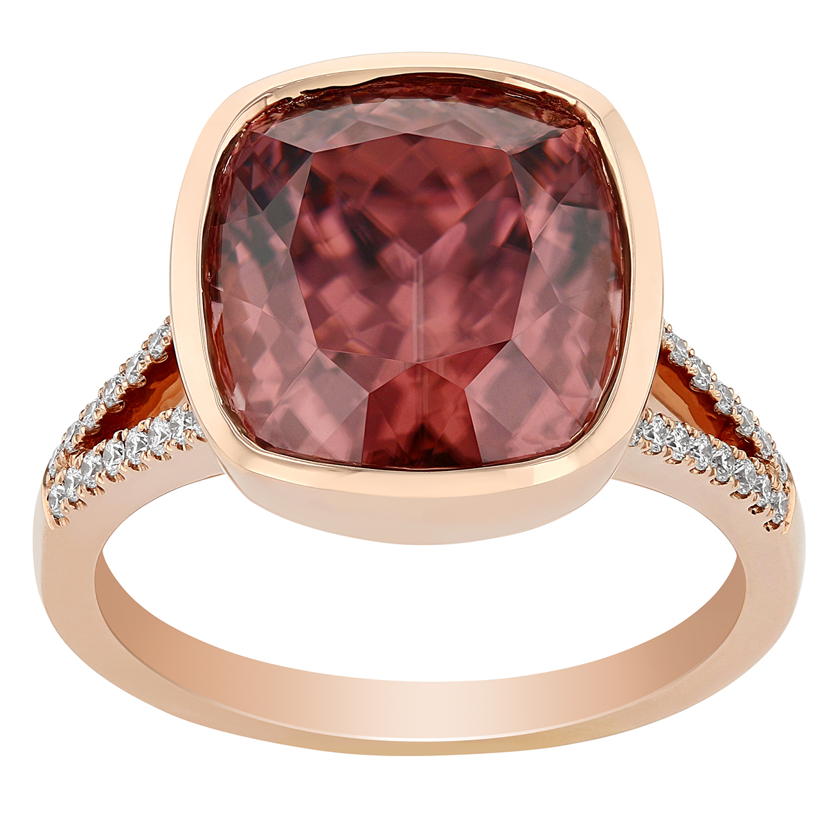 Cushion Pink Zircon Bezel Set Ring with Diamond Split Shank in Rose Gold