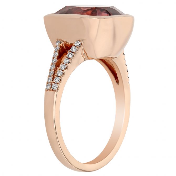 Cushion Pink Zircon Bezel Set Ring with Diamond Split Shank in Rose Gold