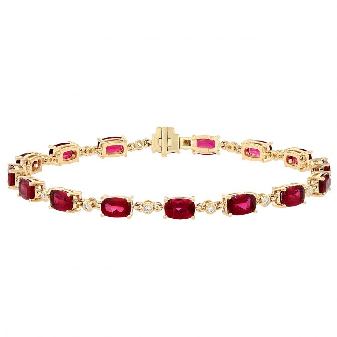 Cushion Rubellite Tourmaline & Diamond Alternating Bracelet in Yellow Gold, 7.25"