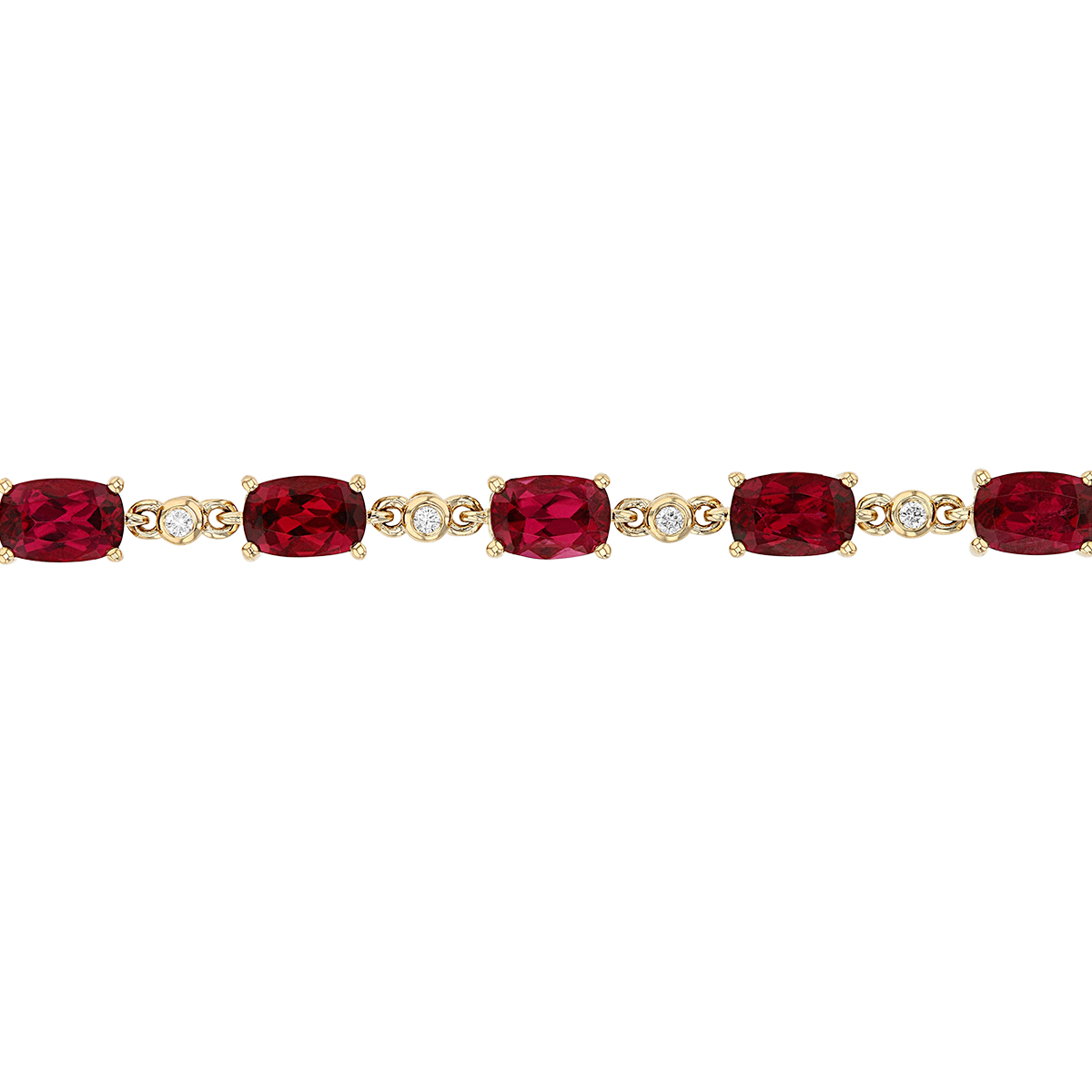 Cushion Rubellite Tourmaline & Diamond Alternating Bracelet in Yellow Gold, 7.25