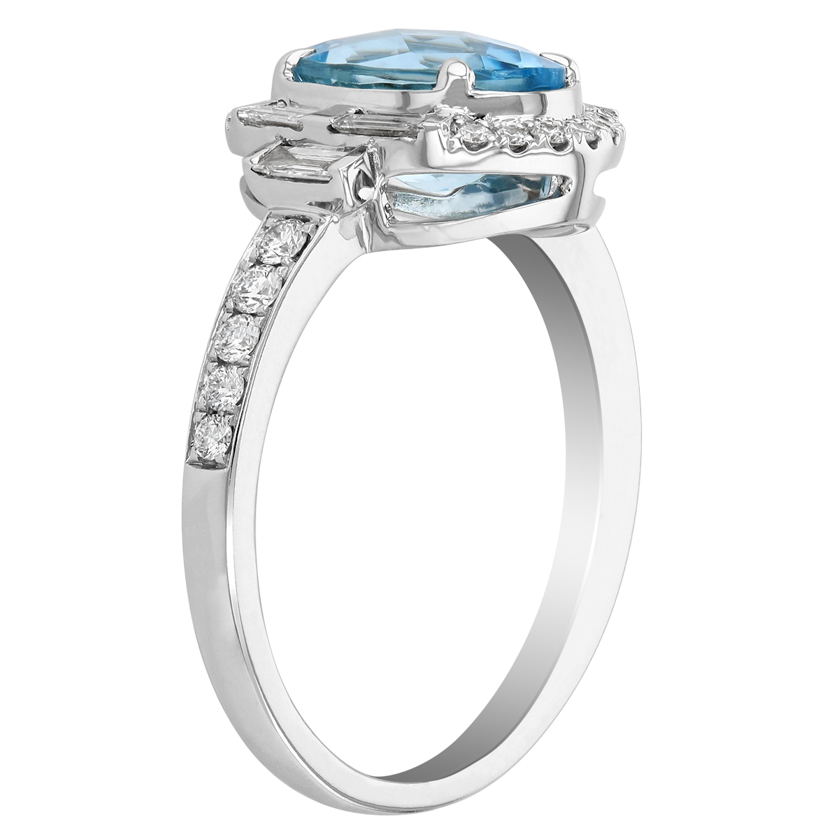 Oval Aquamarine Ring with Baguette & Round Diamond Halo & Sides in White Gold