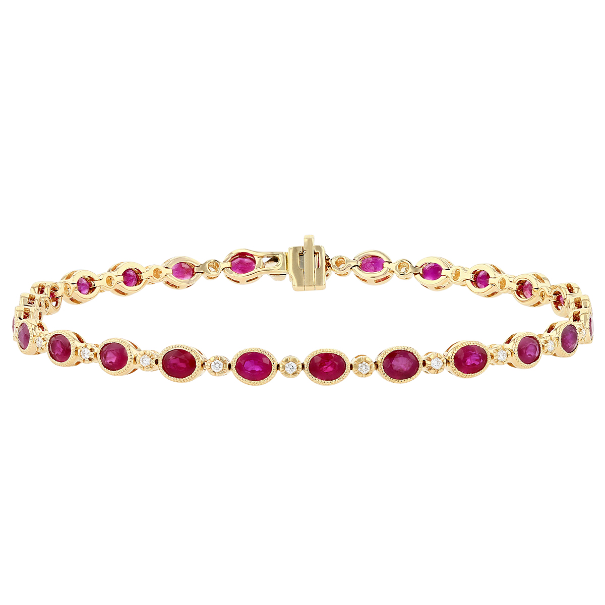 Oval Ruby & Diamond Bezel Set Alternating Bracelet in Yellow Gold, 7.25