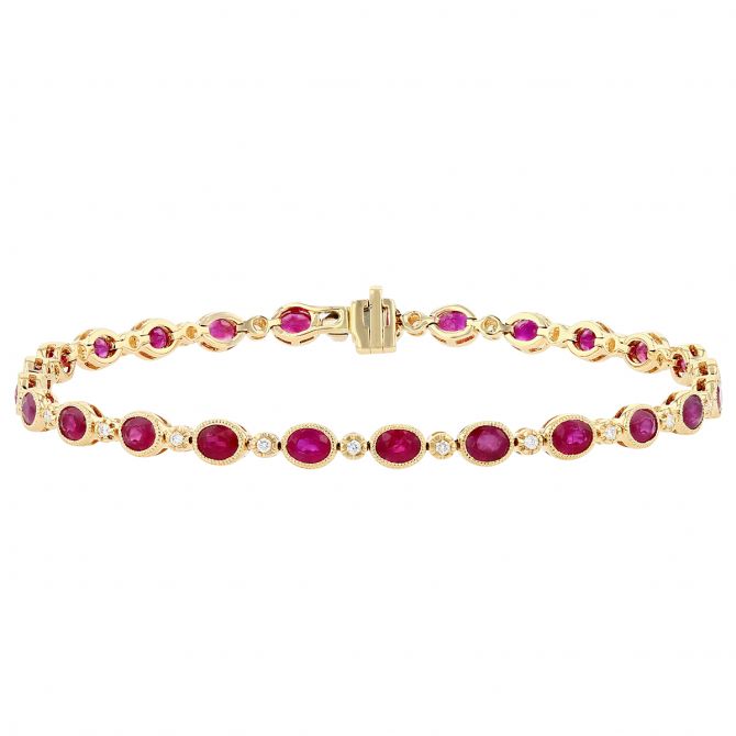Oval Ruby Diamond Bezel Set Alternating Bracelet in Yellow Gold 7.25