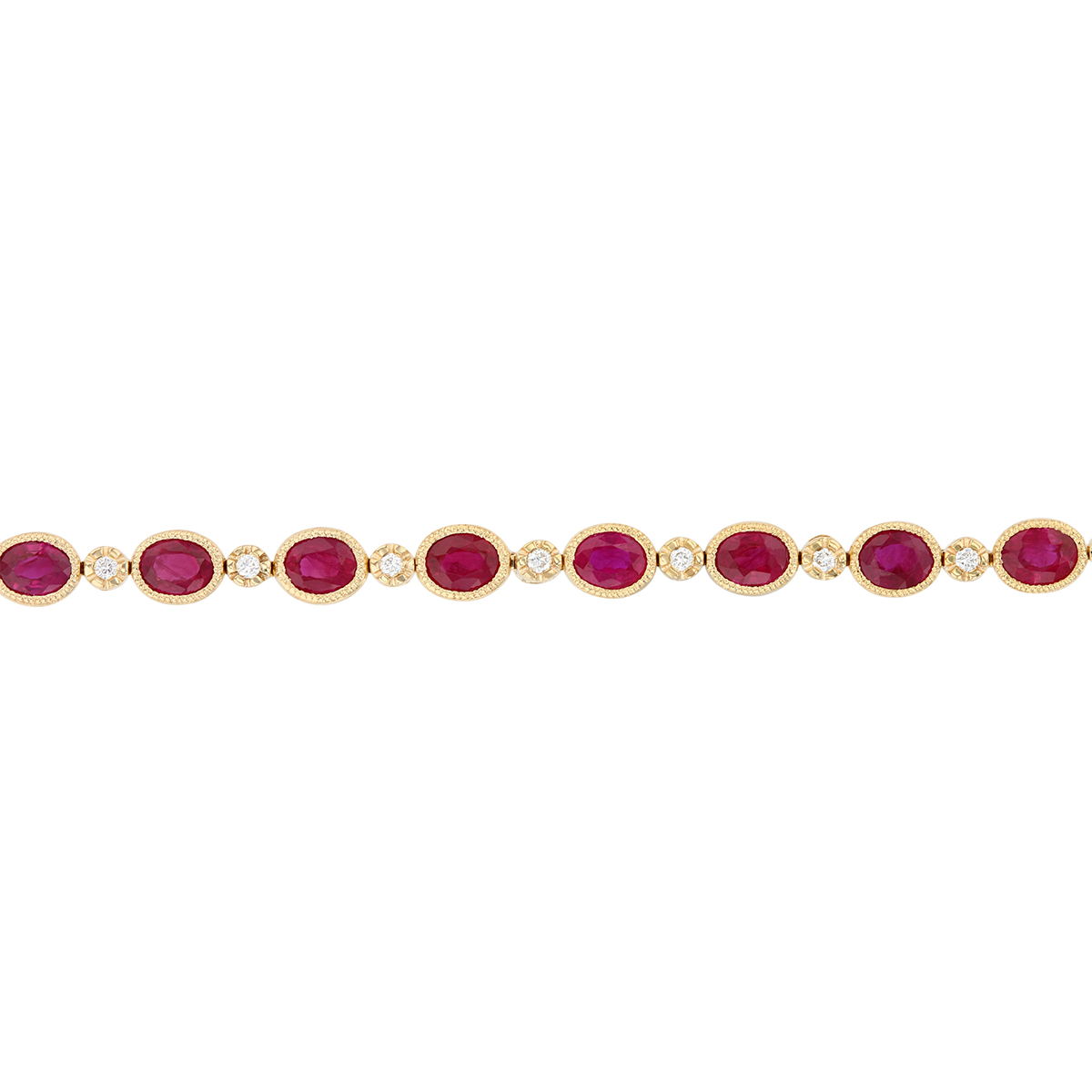 Oval Ruby & Diamond Bezel Set Alternating Bracelet in Yellow Gold, 7.25