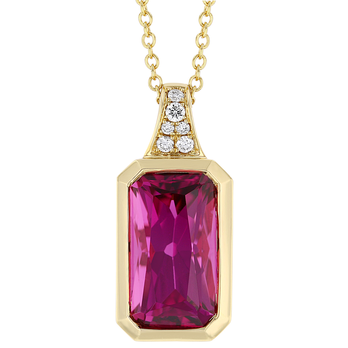 Pink Tourmaline Emerald Cut Pendant in Yellow Gold with Diamond Pavé, 18