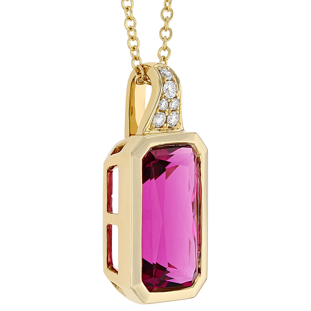 Pink Tourmaline Emerald Cut Pendant in Yellow Gold with Diamond Pavé, 18