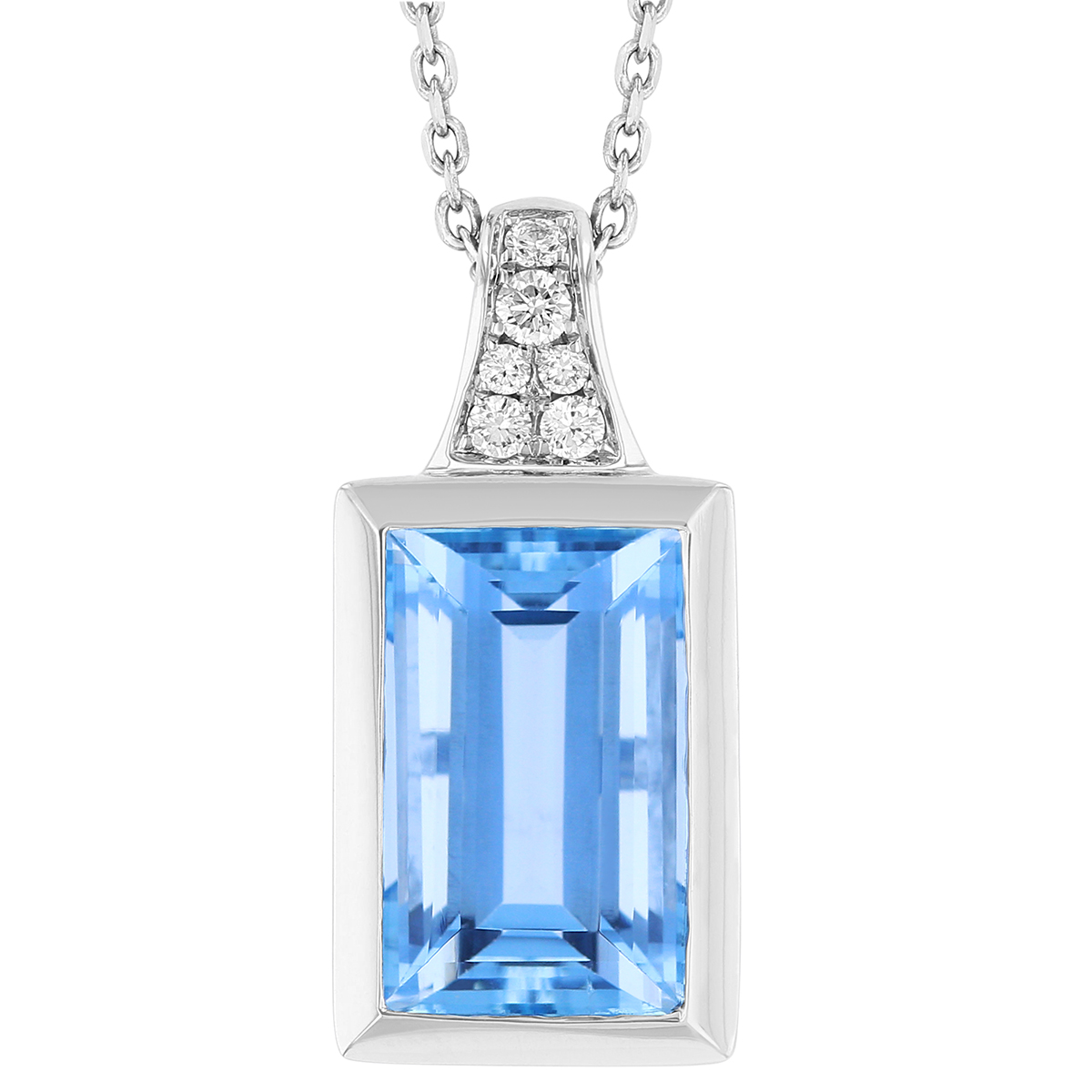 Cushion Aquamarine Bezel Set Rectangular Pendant with Diamond Bail in White Gold, 18