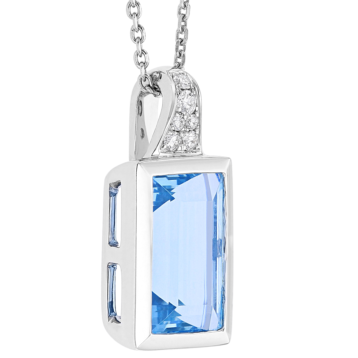 Cushion Aquamarine Bezel Set Rectangular Pendant with Diamond Bail in White Gold, 18