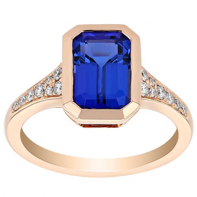 Emerald Cut Tanzanite Bezel Set Ring with Tapered Diamond Pavé Shank in Rose Gold