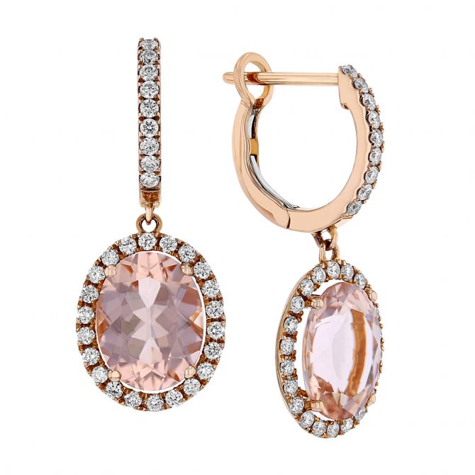Oval Morganite & Diamond Halo Dangle Huggie Earrings in Rose Gold