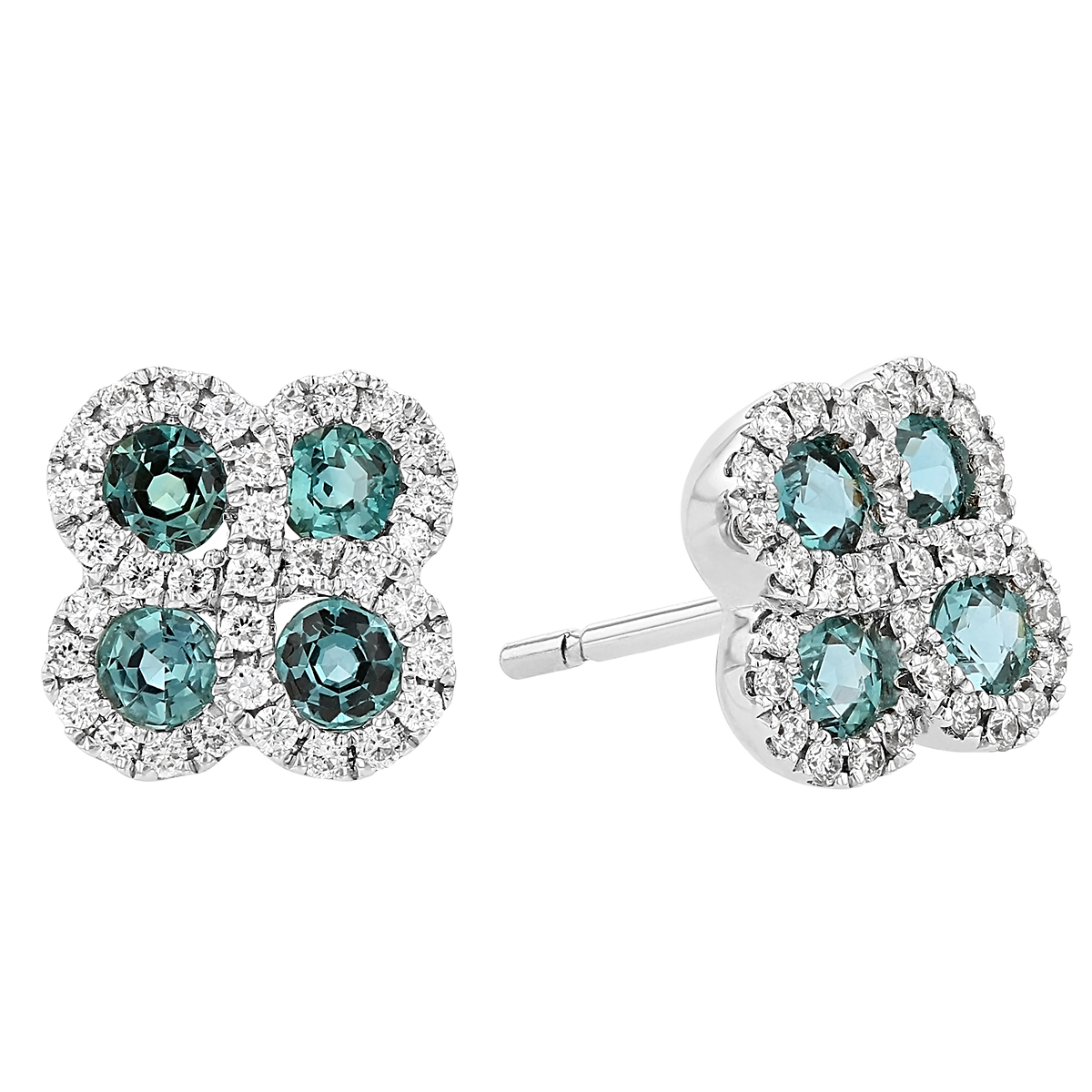 Alexandrite & Diamond Halo Clover Post Earrings in White Gold