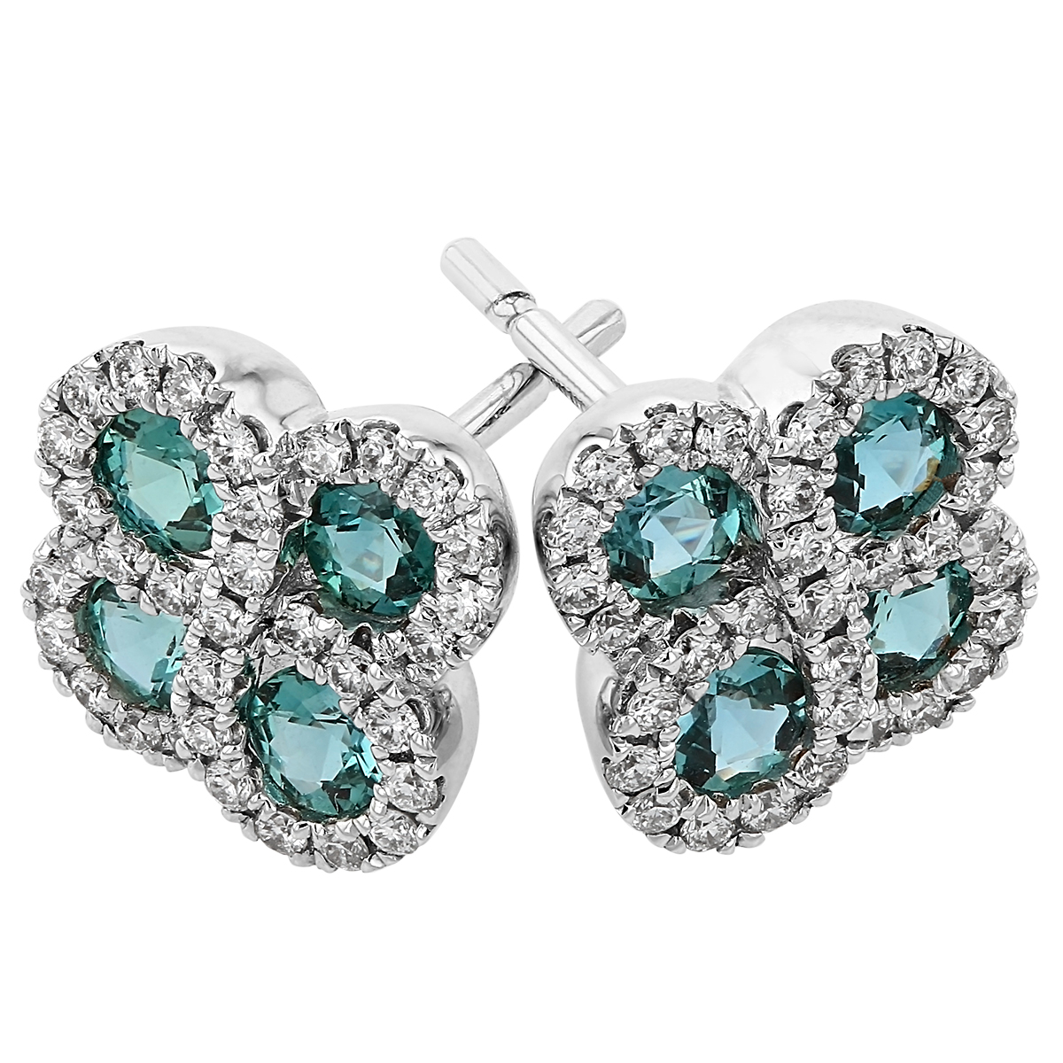 Alexandrite & Diamond Halo Clover Post Earrings in White Gold