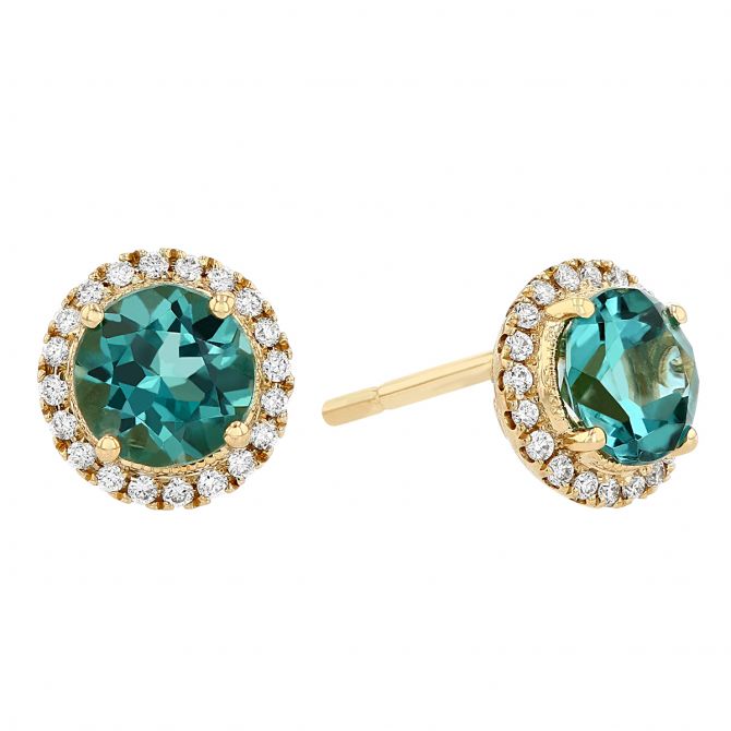 Green Tourmaline Diamond Halo Round Stud Earrings in Yellow Gold