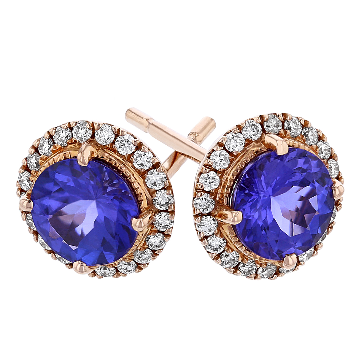 Tanzanite & Diamond Halo Round Stud Earrings in Rose Gold