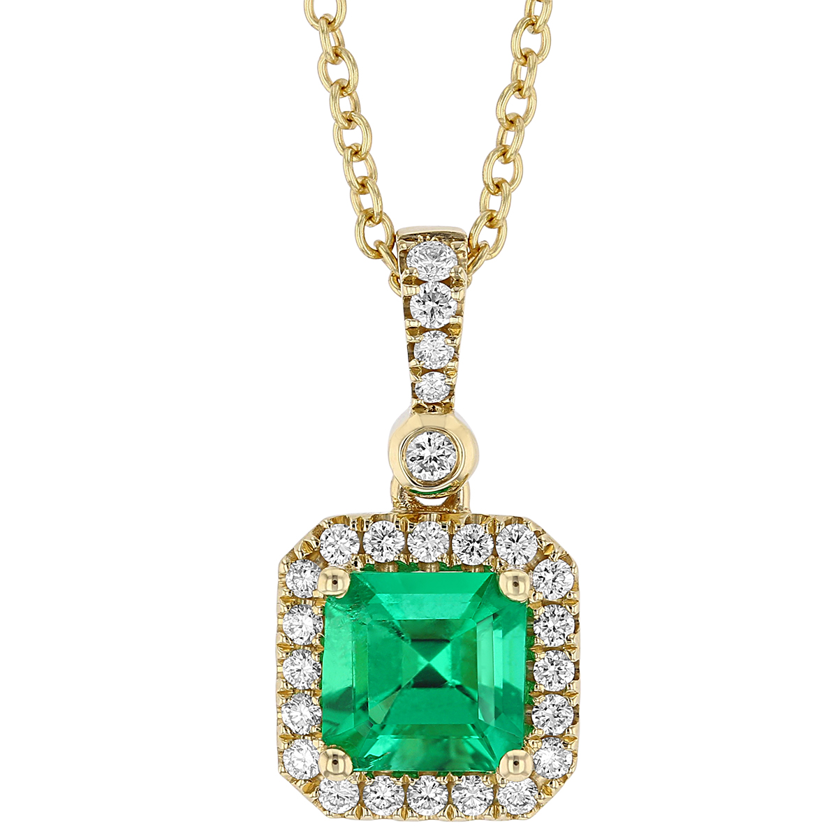 Asscher Cut Emerald & Diamond Halo Pendant in Yellow Gold, 18