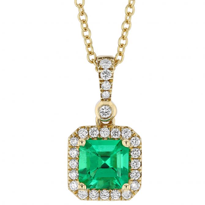 Asscher Cut Emerald & Diamond Halo Pendant in Yellow Gold, 18"