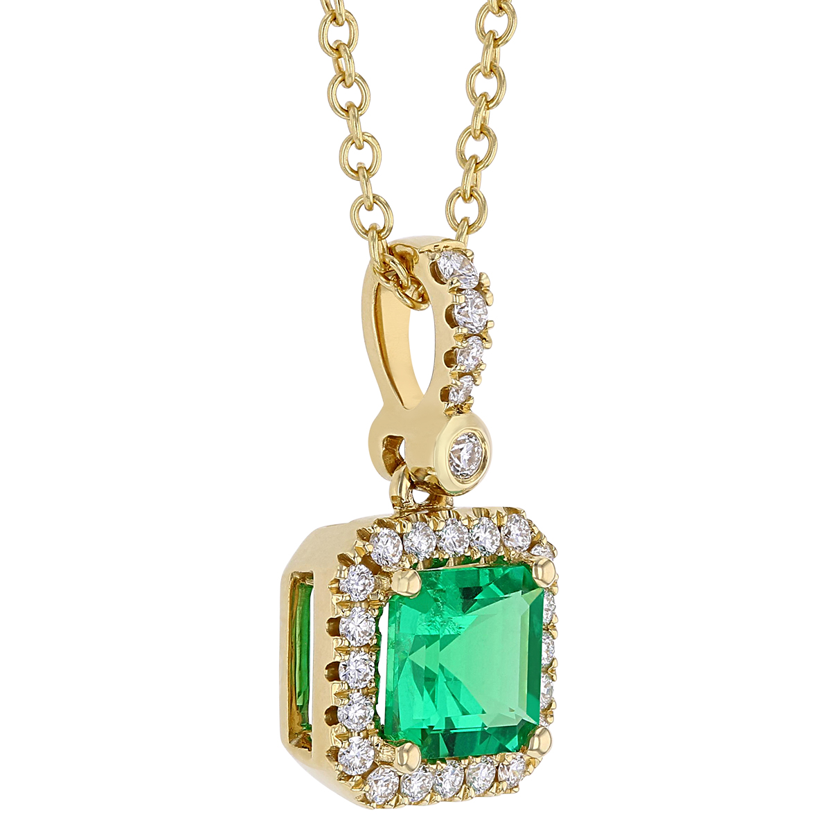 Asscher Cut Emerald & Diamond Halo Pendant in Yellow Gold, 18