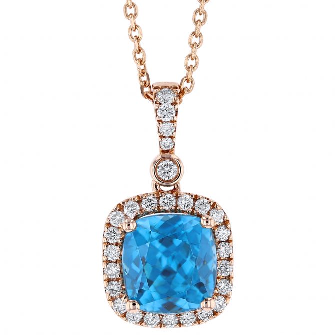 Cushion Blue Zircon & Diamond Halo Pendant in Rose Gold, 18"