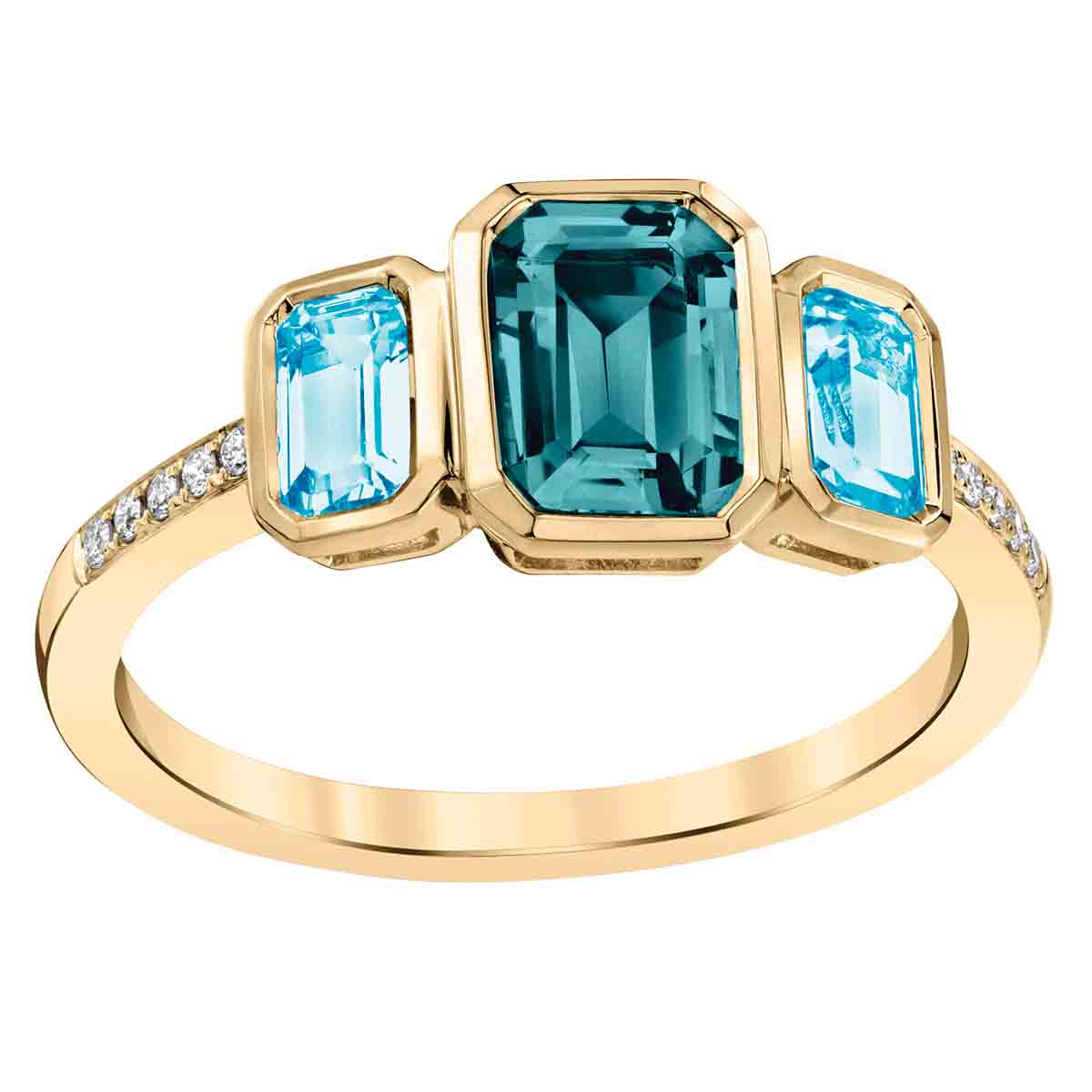 Emerald Cut Blue Topaz 3 Stone Ring with Diamond Shank in Yellow Gold